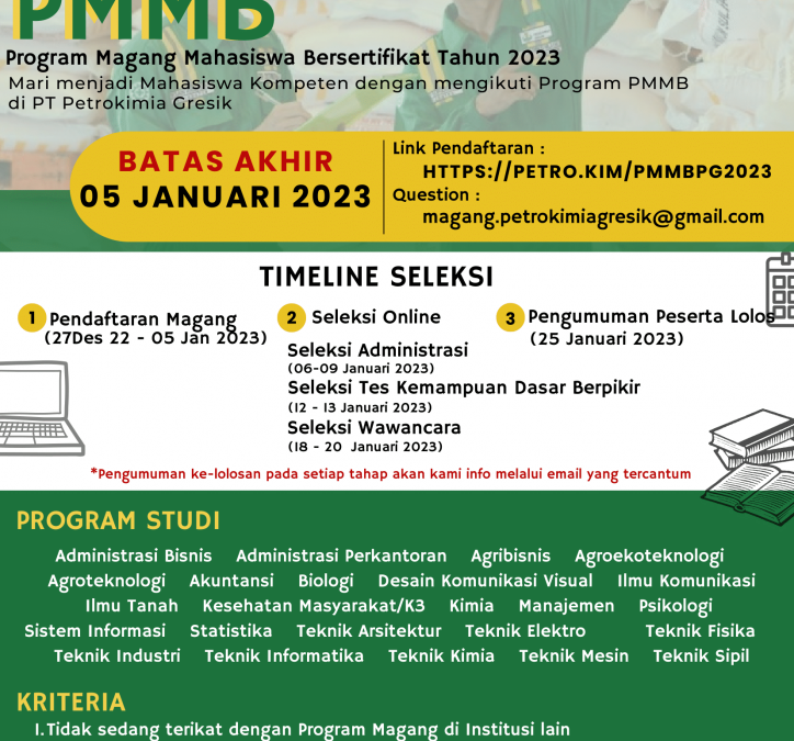 PENAWARAN PROGRAM MAGANG MAHASISWA BERSERTIFIKAT (PMMB) TAHUN 2023 DI PT PETROKIMIA GRESIK