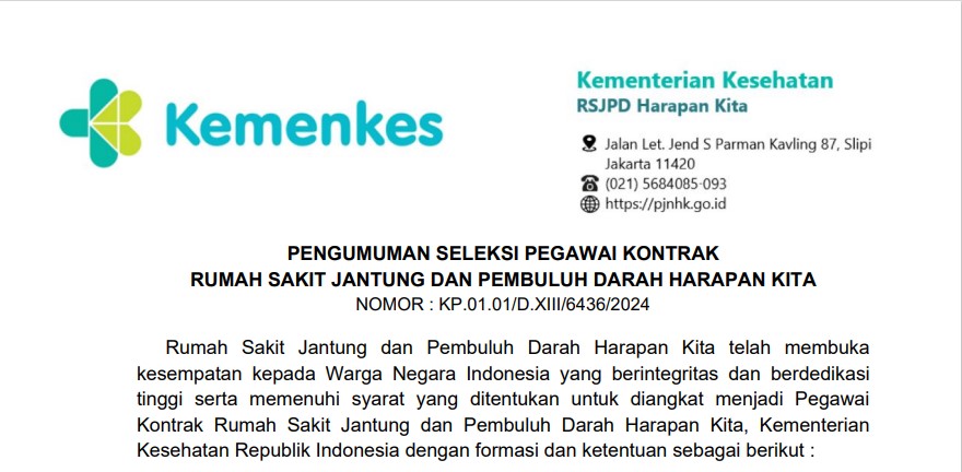 PENGUMUMAN SELEKSI PEGAWAI KONTRAK RUMAH SAKIT JANTUNG DAN PEMBULUH DARAH HARAPAN KITA