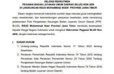 PENGUMUMAN TENTANG SELEKSI REKRUTMEN PEGAWAI BADAN LAYANAN UMUM DAERAH (BLUD) NON ASN DI LINGKUNGAN RSUD MOHAMMAD NOER PROVINSI JAWA TIMUR